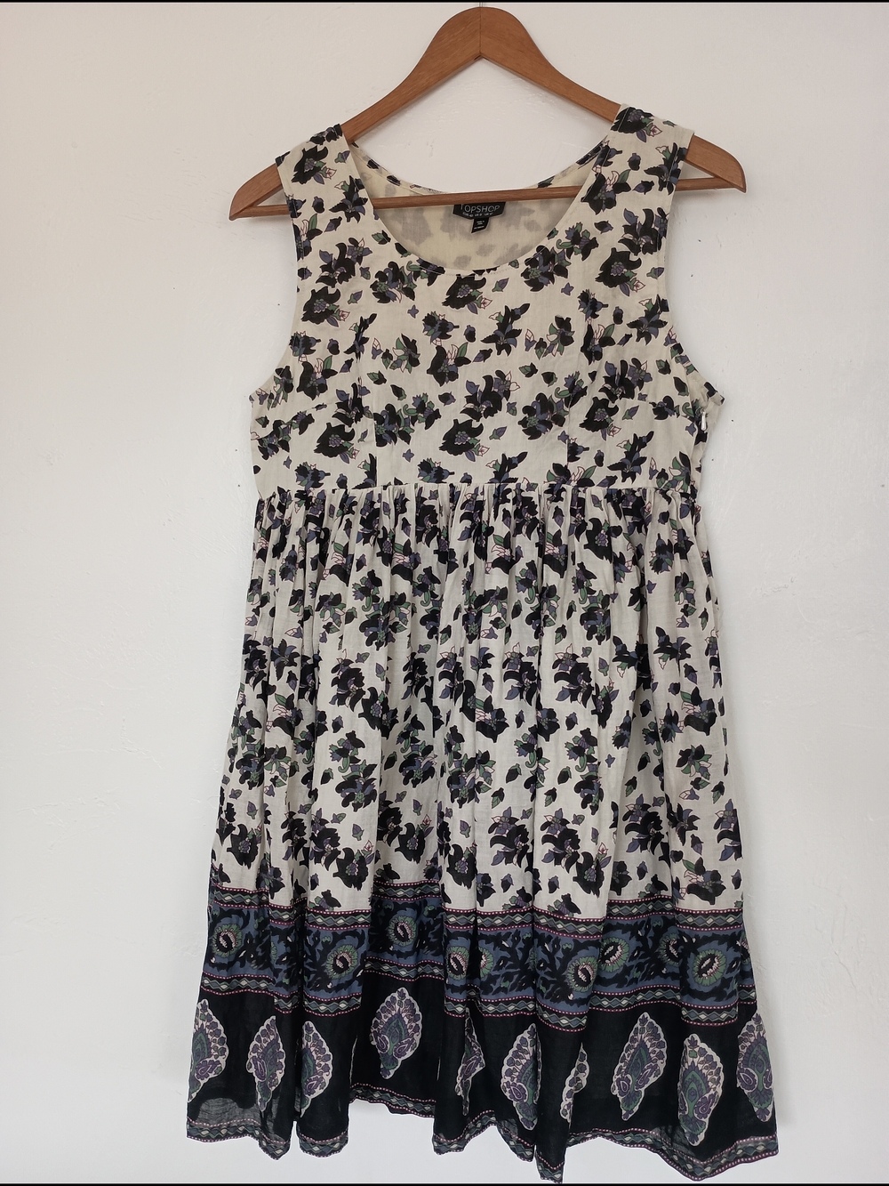 Topshop 100% Cotton Mini Sundress Babydoll Empire Waist Cream Floral Paisley